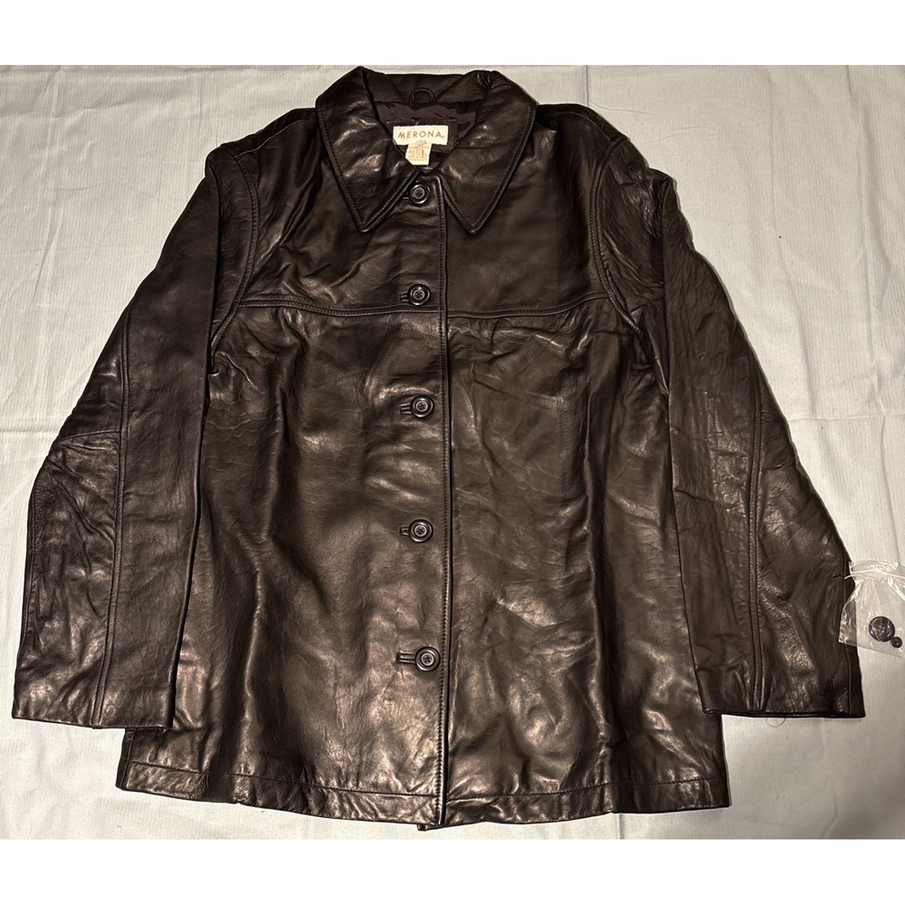Merona Womens Black Genuine Leather Button Front Jacket Coat Size S RN 17730